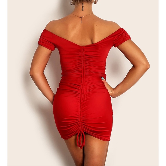 Red Off the Shoulder Front Back Ruched Sexy Dress - Picture 2 of 6